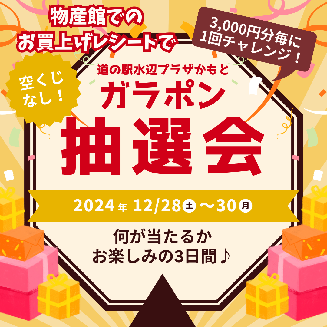 12/28(土)~30(月)ガラポン抽選会開催します! | 道の駅 水辺プラザかもと